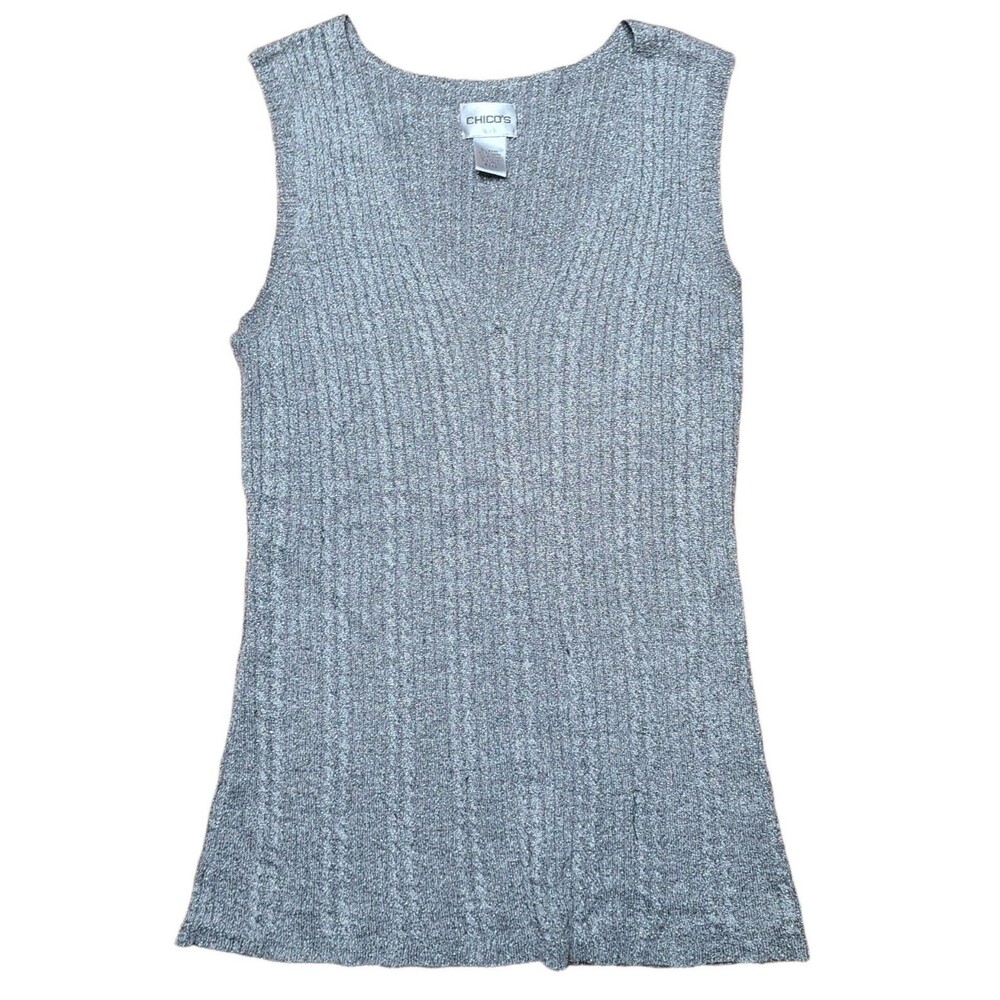Chicos Womens Sleeveless V-Neck Top Size 0 Small Gray Metallic Shimmer Summery